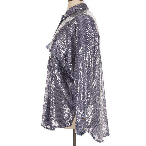 Anthropologie Pilcro Blue Sequin Oversized Button Up Blouse Size XL NEW - Picture 9 of 16